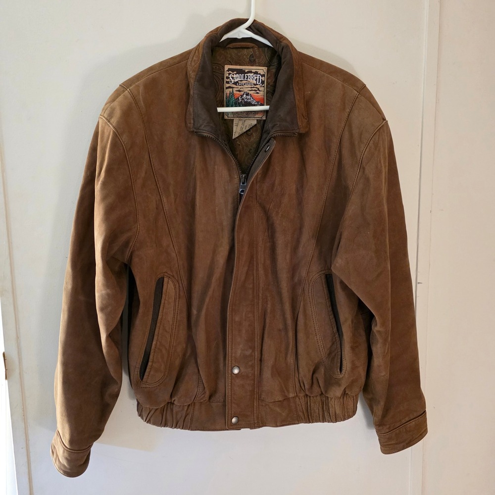 Vintage Saddlebred Mens Leather Bomber Jacket Size 42 Brown Biker Western